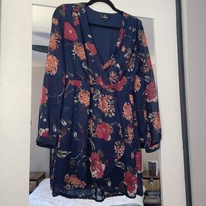 lulu's pretty pretender longsleeve dress | navy floral print | size S